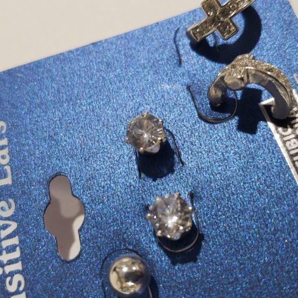 Set of 3 Silver-Tone Stud Earrings - Cubic Zirconia & Cross Design Women Jewelry - Picture 6 of 8